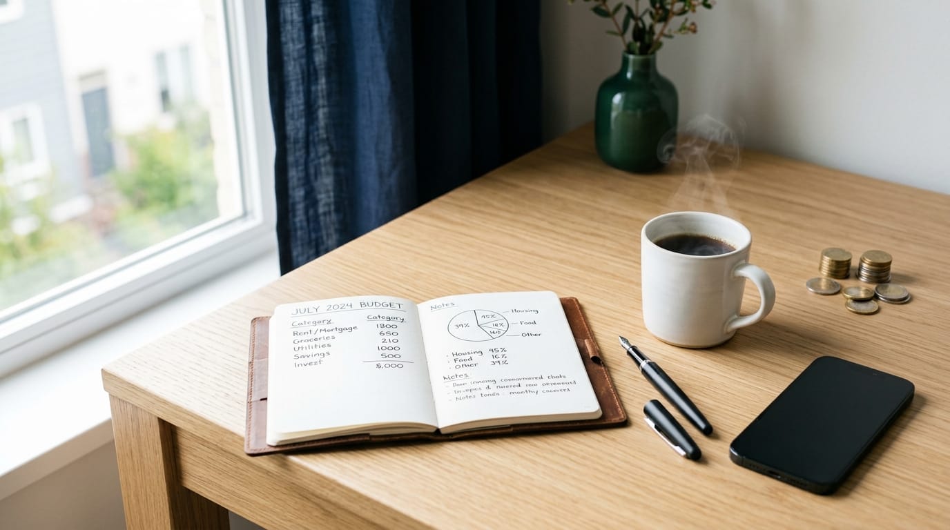 Mesa de madeira com caderno aberto exibindo planejamento financeiro e orçamento, caneta clássica, calculadora e moedas organizadas sob luz natural suave.