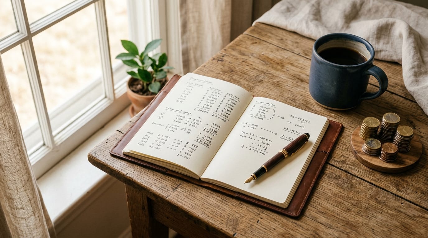 Mesa rústica de madeira com caderno aberto exibindo anotações financeiras, caneta-tinteiro clássica, moedas empilhadas e caneca de café ao lado de janela iluminada.