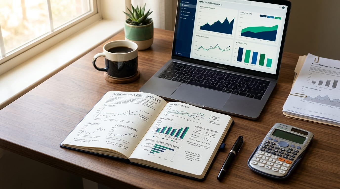 Mesa de trabalho em madeira com caderno aberto exibindo notas e gráficos de mercados financeiros, caneta, calculadora, chávena de café e portátil com gráficos de desempenho ao lado de uma janela iluminada.