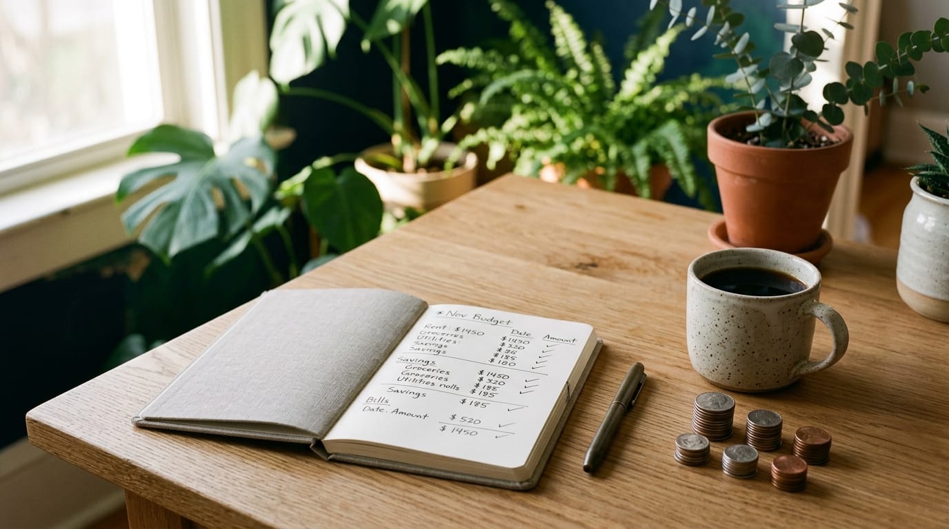 Mesa de madeira com caderno aberto exibindo planejamento de orçamento financeiro, caneta, moedas empilhadas e xícara de café ao lado de plantas.