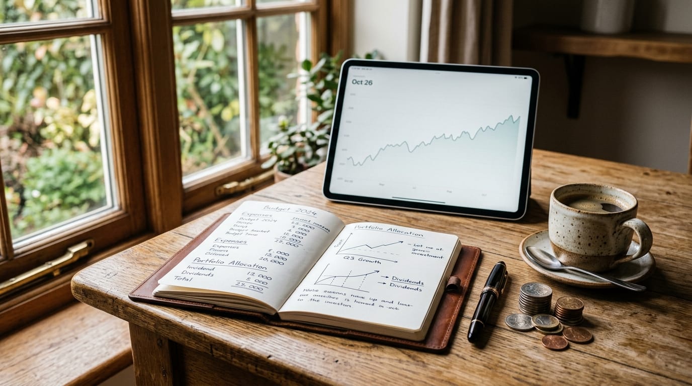 Mesa de madeira com caderno aberto exibindo anotações sobre investimentos e alocação de ativos, caneta clássica, moedas empilhadas, xícara de café e tablet mostrando gráfico financeiro ao lado de janela iluminada.
