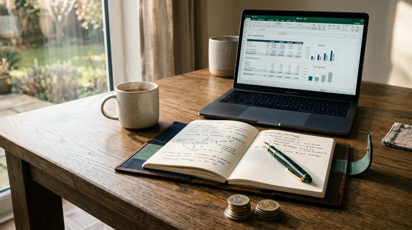 Mesa de madeira com caderno de planeamento aberto, caneta tinteiro clássica, moedas empilhadas, portátil com projeções financeiras e chávena de café sob luz natural.