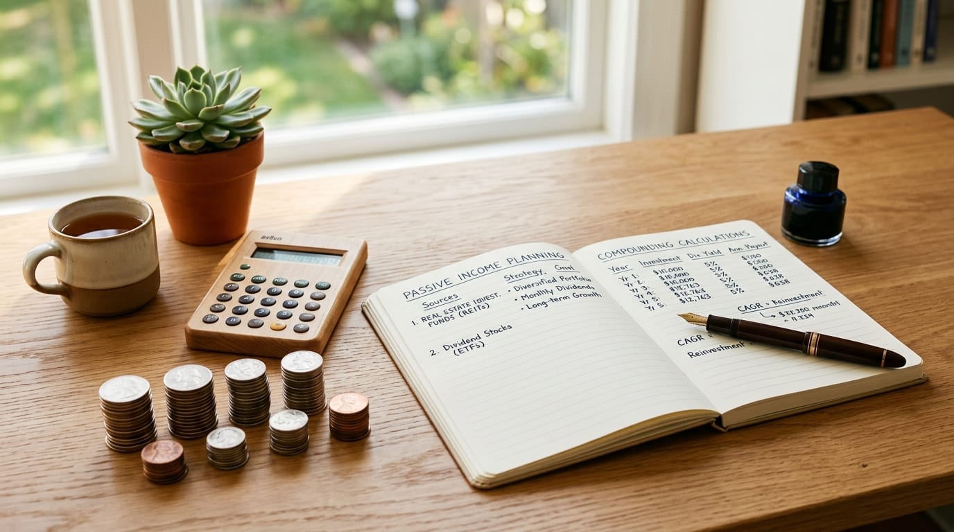 Mesa de madeira com caderno aberto exibindo anotações sobre renda passiva e cálculos de juros compostos, calculadora minimalista, moedas empilhadas, planta suculenta e caneca ao lado de janela iluminada.