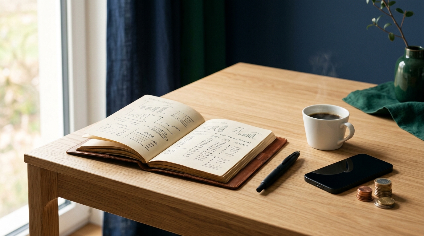 Mesa de madeira minimalista iluminada por luz natural suave matinal, com caderno aberto exibindo notas e cálculos financeiros, caneta, chávena de café, smartphone e pequena pilha de moedas.