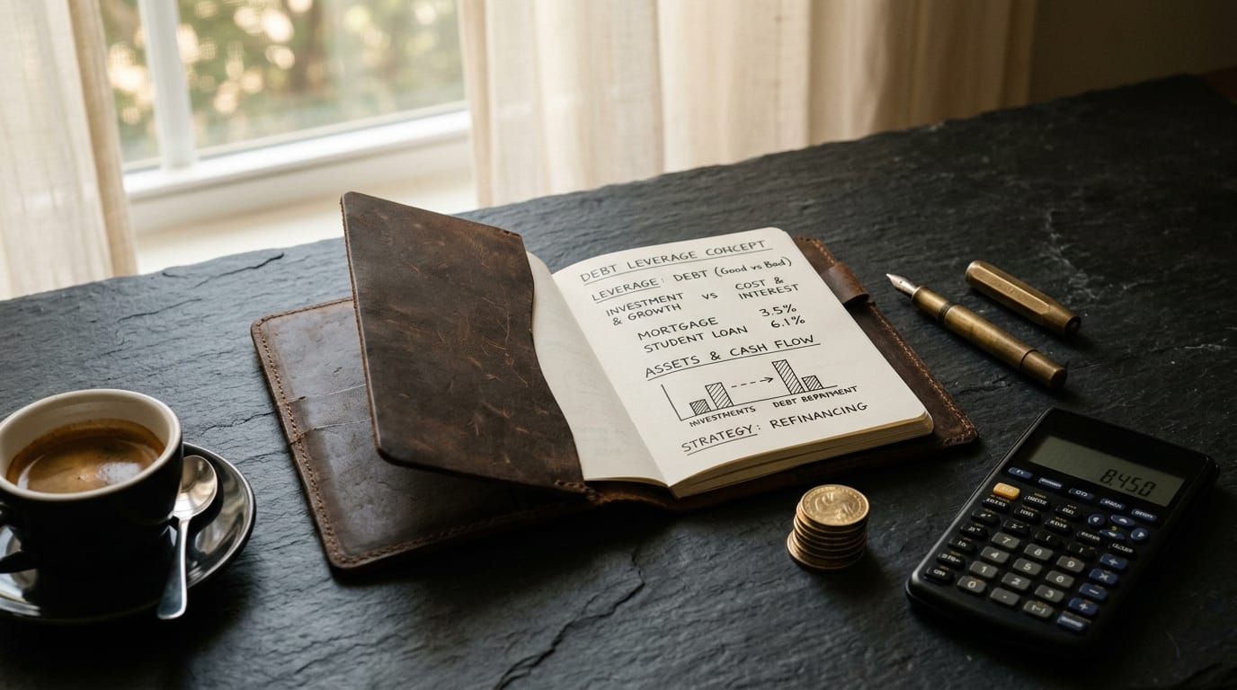 Caderno aberto com anotações sobre alavancagem financeira e crédito, calculadora de mesa e café sobre secretária escura.