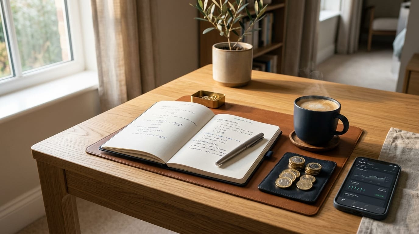 Secretária de madeira com caderno aberto exibindo contas e notas financeiras, caneta, chávena de café, moedas e smartphone com aplicação bancária sob luz suave matinal.