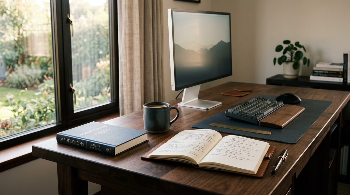 Mesa de trabalho em madeira sob luz natural matinal com caderno de anotações aberto, caneta clássica, livro de cabeceira e caneca de café.