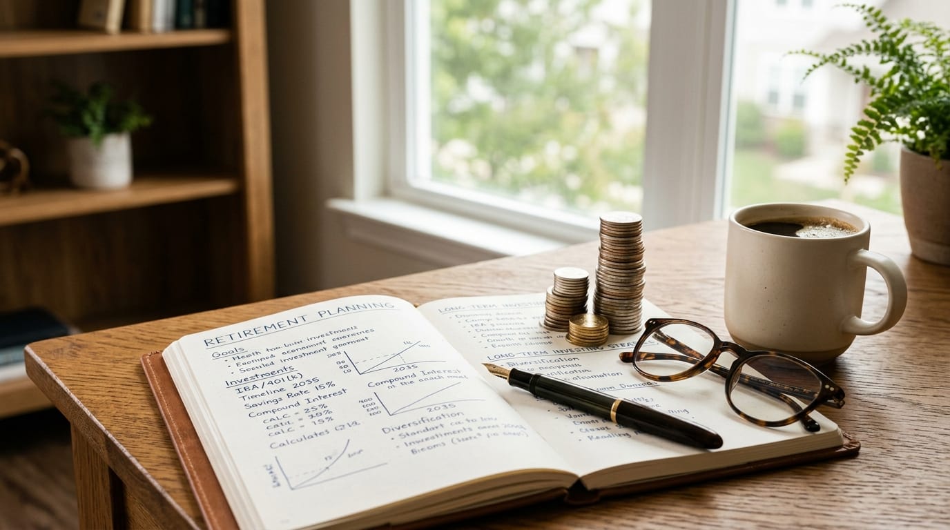Caderno de planeamento financeiro aberto sobre mesa de madeira com notas de aposentadoria, gráfico de juros compostos, caneta-tinteiro clássica, moedas empilhadas e chávena de café ao lado de janela iluminada.