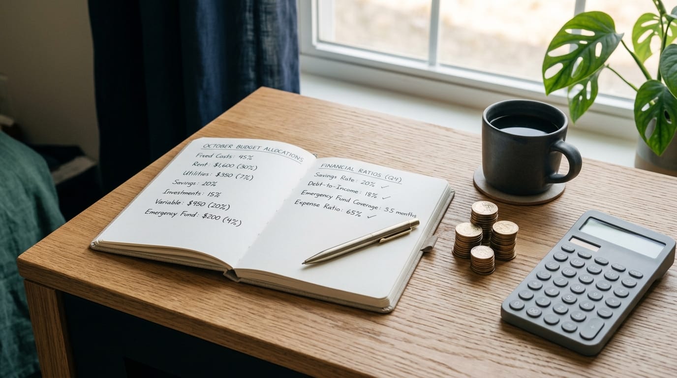 Mesa de madeira com caderno aberto exibindo divisões percentuais de orçamento e rácios financeiros, caneta dourada, moedas empilhadas, calculadora moderna e chávena de café sob luz matinal suave.