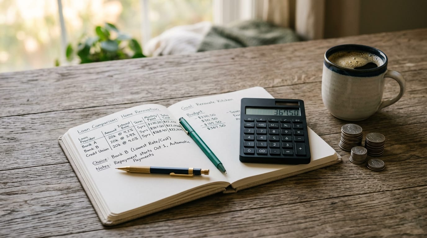 Caderno aberto com anotações de planeamento financeiro e comparação de crédito, calculadora de mesa, moedas e chávena de café sobre mesa de madeira rústica.